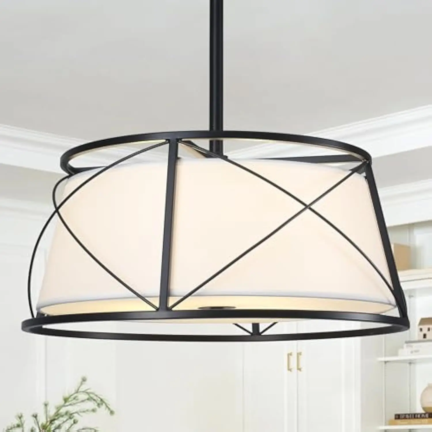 

15.7 Black Drum Chandelier, 3 Light Modern Farmhouse Chandelier, White Fabric Drum Shade Pendant Light Fixture for Dining Room Ki