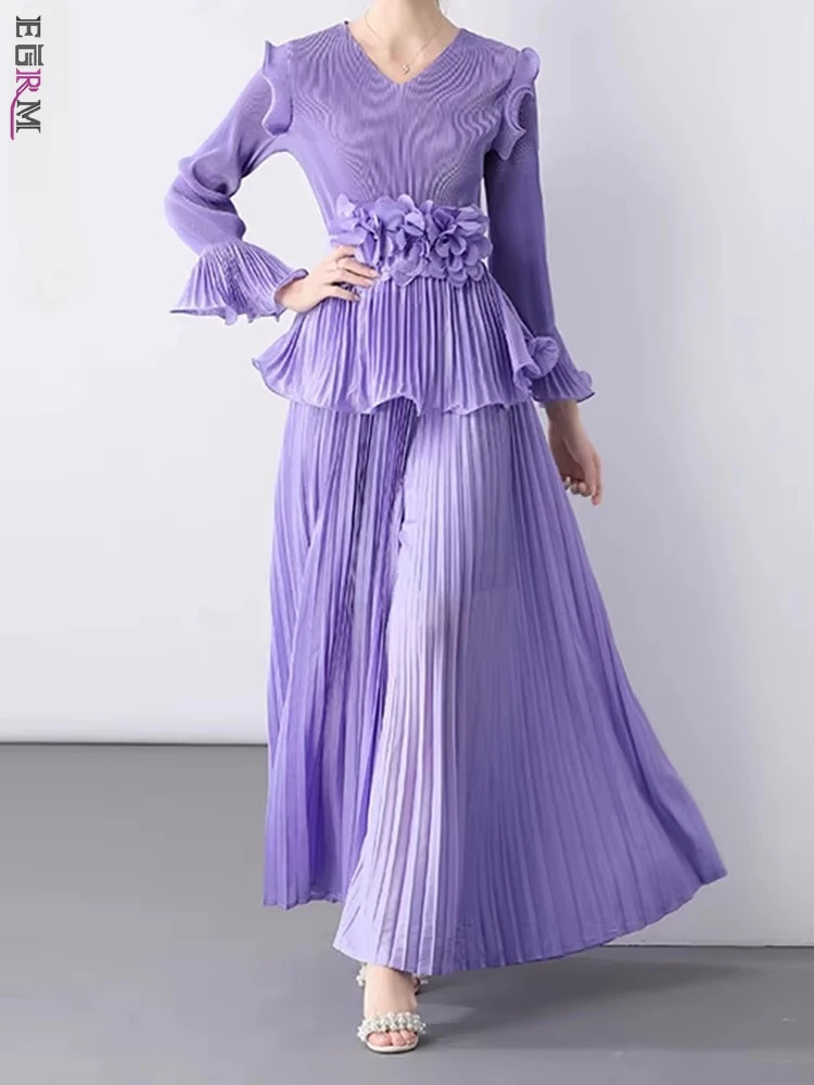 

EGRM Women's 2 Piece Set V Neck Long Sleevs Ruffle Pleated Top + High Waist Wide Leg Pants Solid Color Fashion New 6GR7301