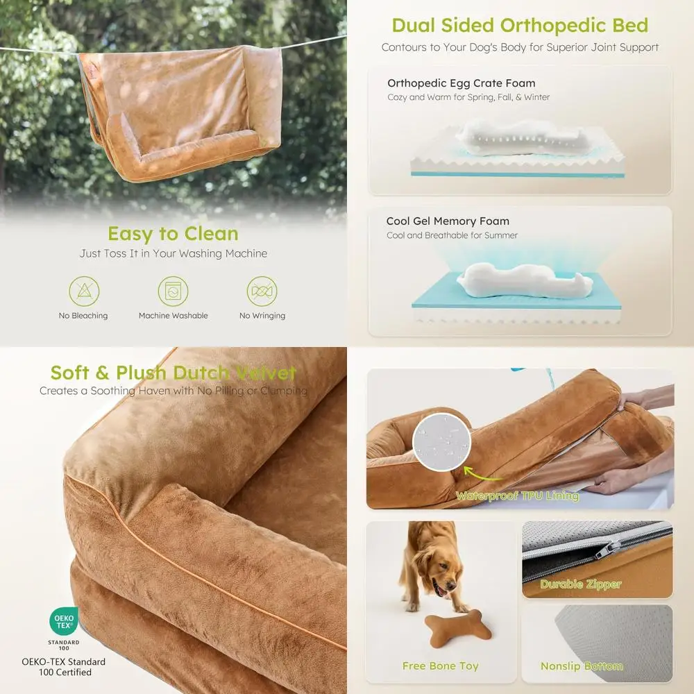 

Orthopedic Cooling Gel XL Dog Bed with Removable Cover, Waterproof Pet Sofa, 42 Dutch Velvet Couch, Brown