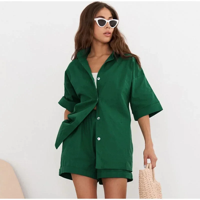 New Womens Suits Solid Color Short Sleeved Shirt Shorts Loose Fitting Fashion Casual Set for Women