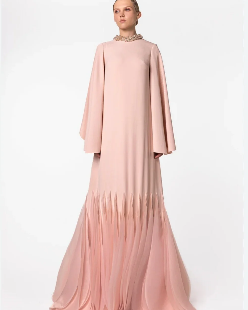 

Customized Fashion Women Jersey Beading Ruched A-Line Evening Dresses Elegant High Collar Long Sleeves Floor Lenght Party Gowns