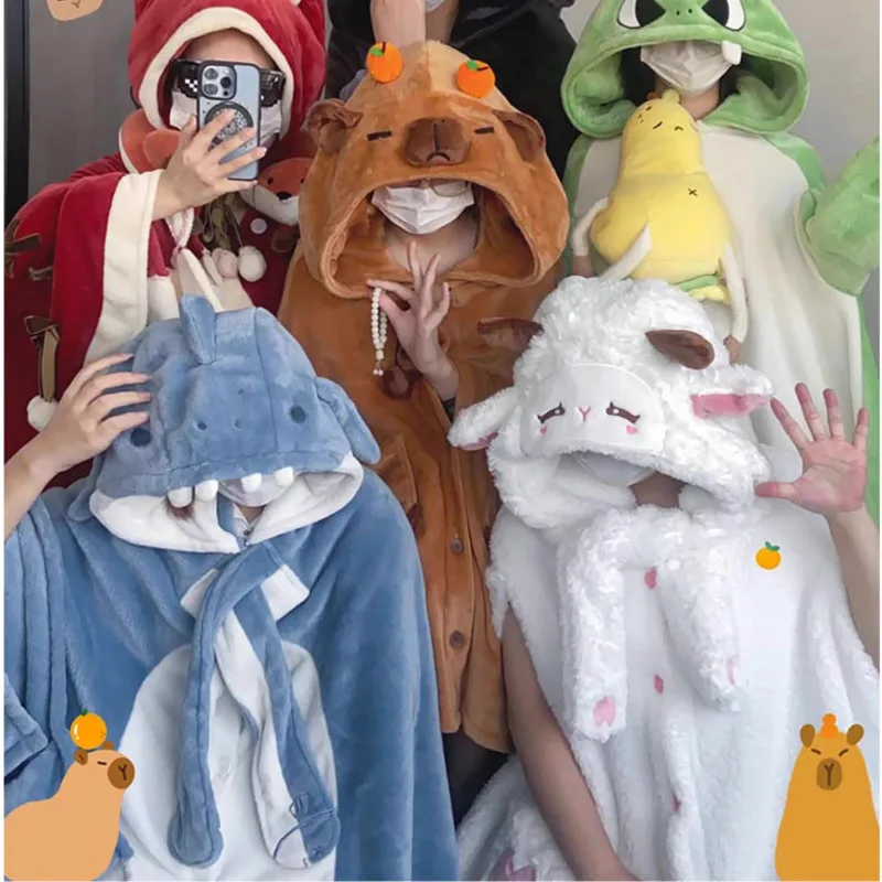 Cute Capybara Cosplay Cloak Soft Animal Shark/fox/bat Blanket Hoodie Cape Kawaii Party Costume Flannel Sleepwear Kids Gifts