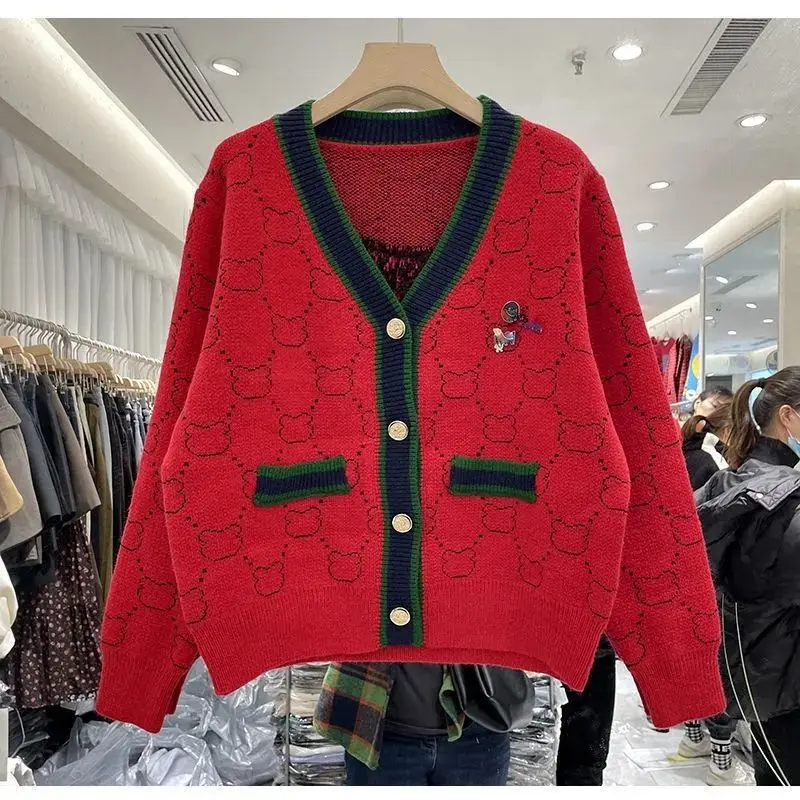 V-neck Embroidered Knitting Cardigan Coat Women Autumn Winter Fashion Loose Long Sleeve Sweater All-match Trend Knitwear Tops