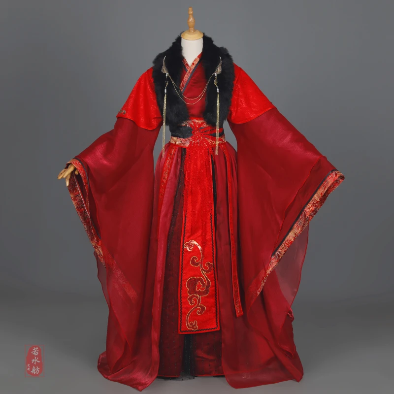 

Ruoshuifang Ancient Style Wedding Dress Men's Wedding Red And Black Ancient Cosplay Costume Long Sleeve Dancing Han Fu Halloween