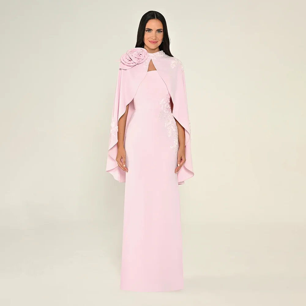 Vestido de noite preto para mulheres, gola alta, sereia, flor, jérsei, capa destacável, vestidos de festa longos personalizados