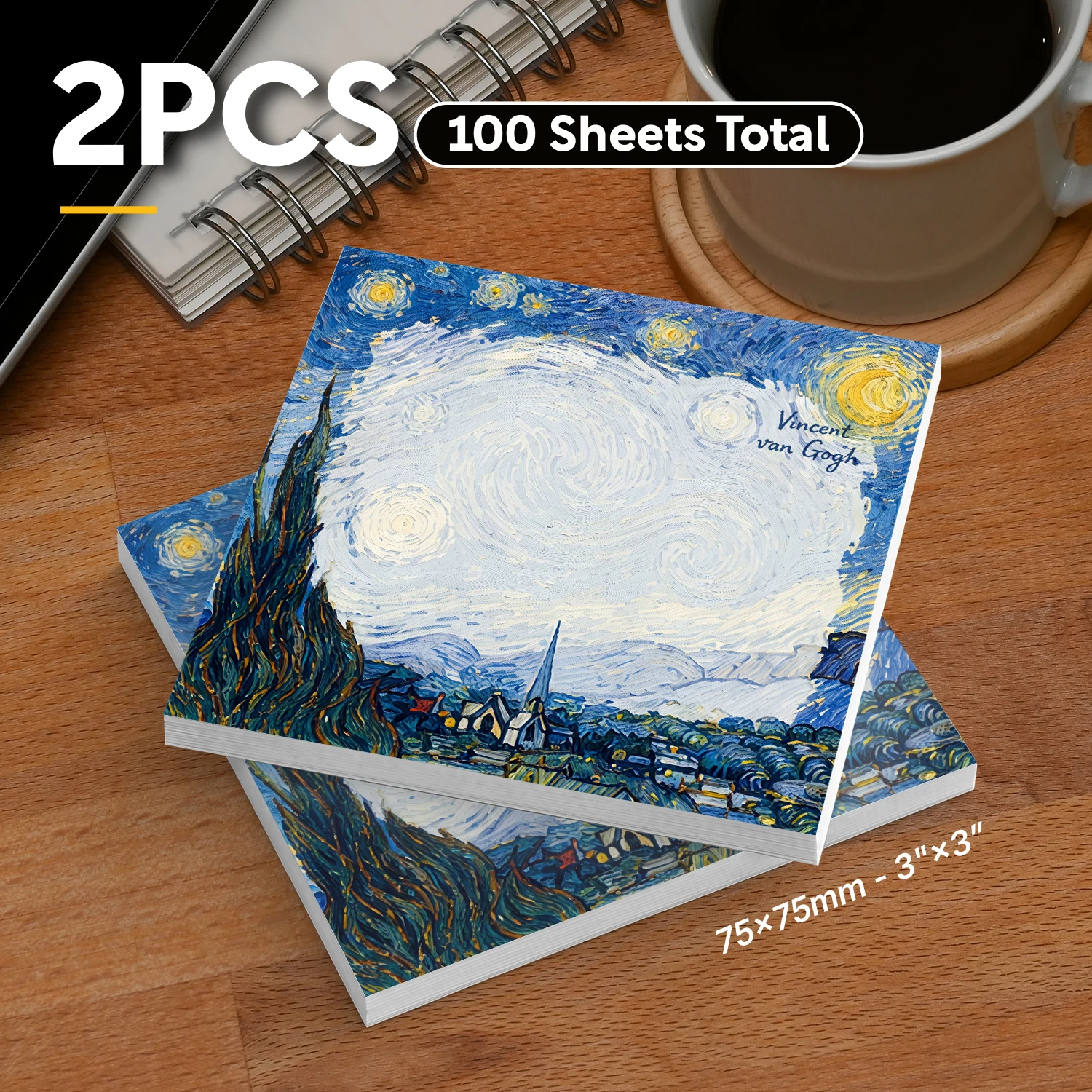 2 Pcs 100 Sheets Total Van Gogh Inspired Starry Sky Sticky Notes, Vintage Oil Painting Landscape Memo Pads
