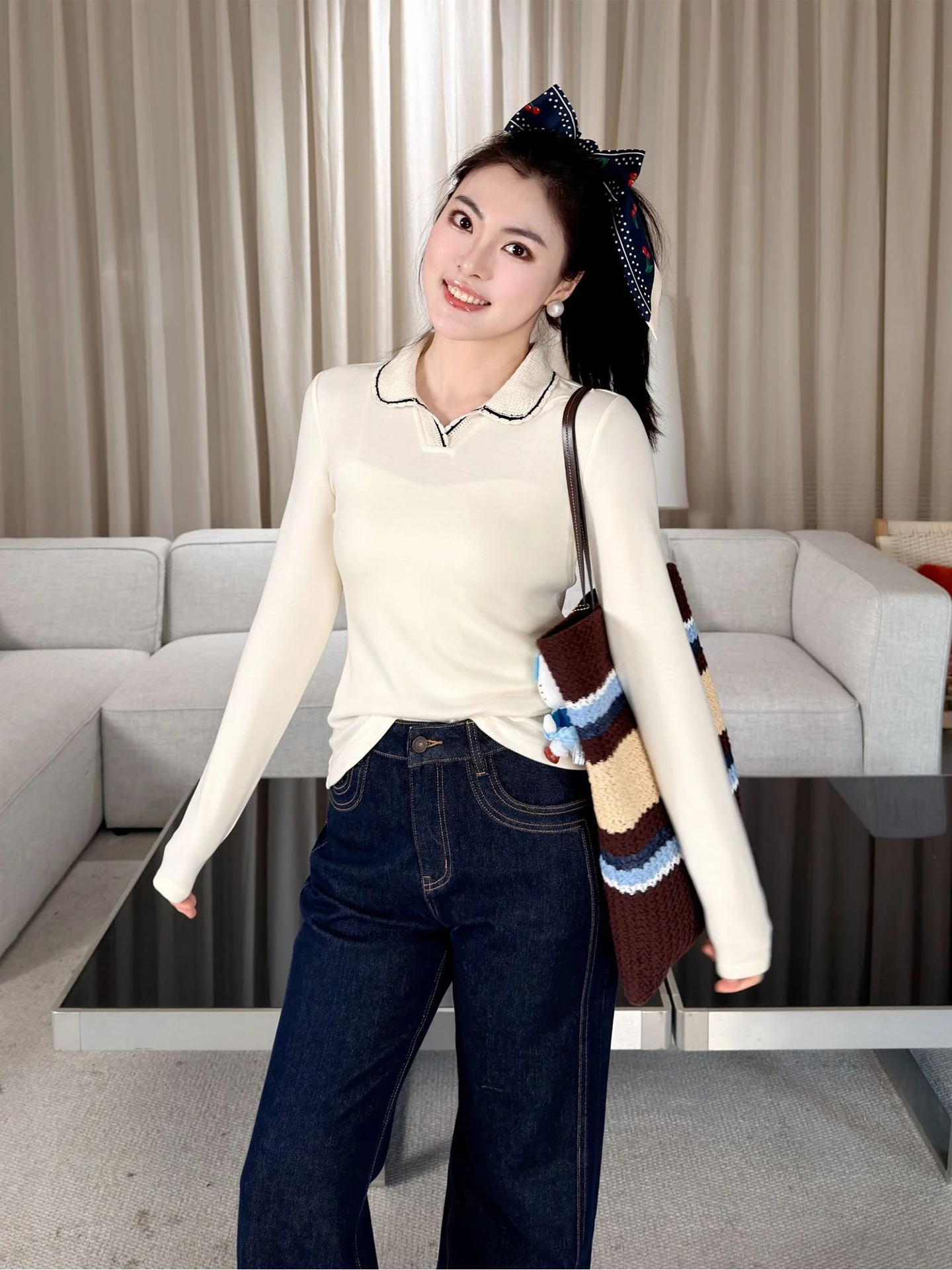 

AW Wang Na Na Wool Blend Knitwear Long Sve Doll Collar Base Layer Top Lace Trim Warm Comfortable Women's Faion Daily Wear