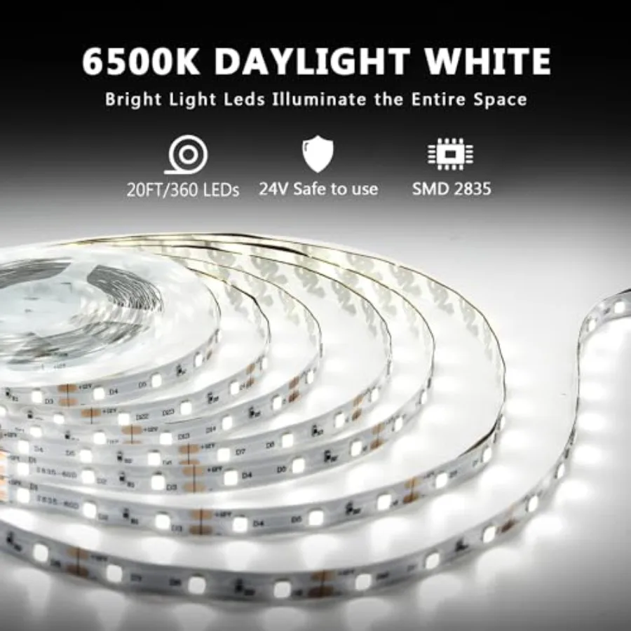 White LED Strip Lights, 20Feet Dimmable Super Bright 24V Led Tape Light 6500K 360 LEDs Lights for Bedrooms, Mirror, Kitchen, Ho