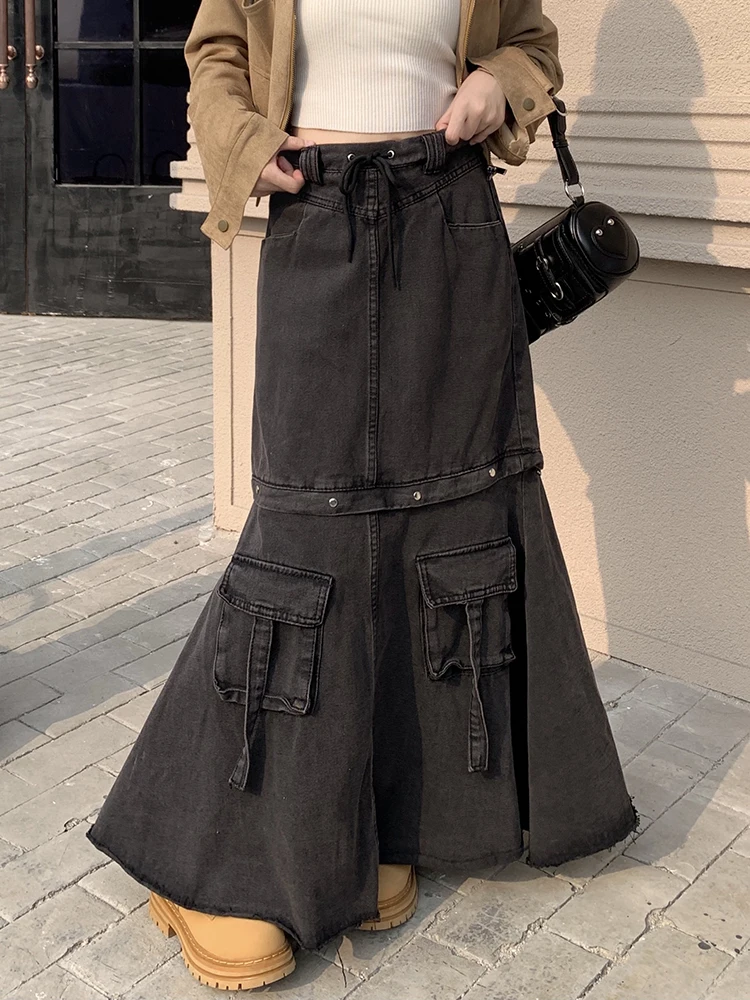 Vintage Detachable Hot Girls Women's High Waist Mid-Length Skirts A-Line Fashion Y2K Maxi Skirts Girls Cargo Skirts with Pocket