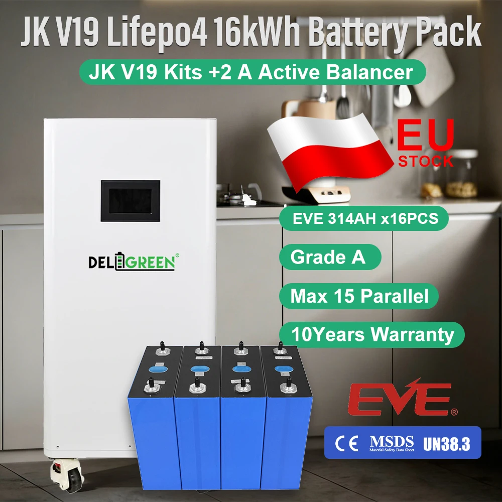 

Аккумулятор LiFePO4 16 кВт·ч EVE314, класс A+, 8000 циклов, 48В, с комплектом BMS JK V19, активным балансиром 2А, CAN, RS485, для солнечных систем, без НДС, со склада в ЕС