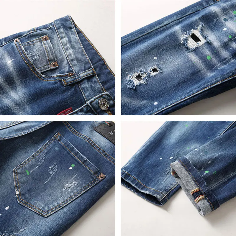 Street Fashion Men Jeans Retro Blue Elastic Skinny Ripped Jeans Men Vintage Trousers Painted Designer Hip Hop Denim Pants Hombre