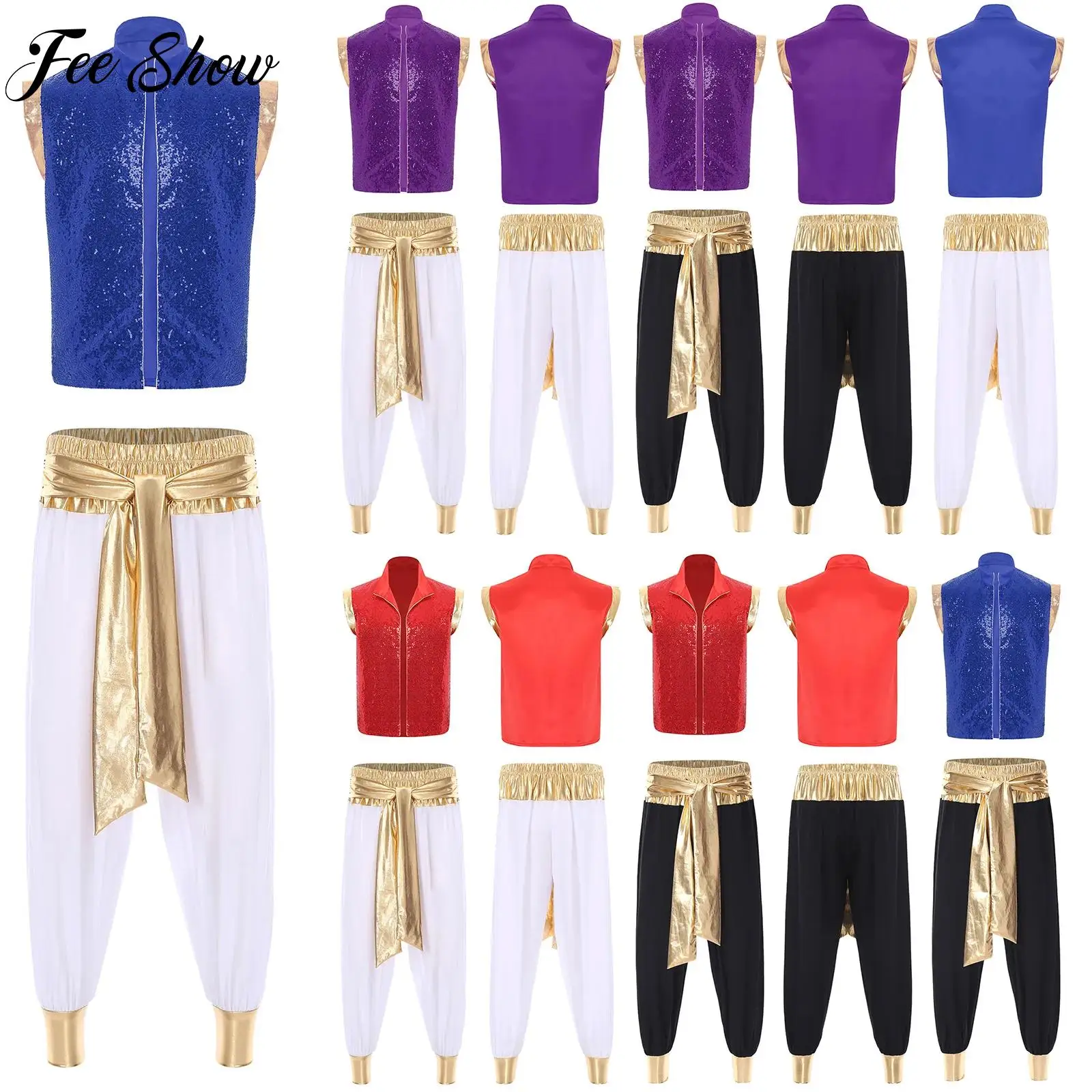

Mens Halloween Arabian Prince Role Play Costume Sparkly Sequin Open Front Vest Waistcoat And Pants for Carnival Cosplay Party