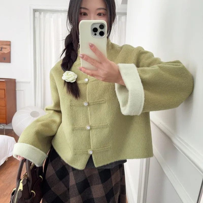 Double-sided Real Wool Coats High-end Single Breasted Green Women’s Short Jackets Chinese Elegant Luxury Stand Collar Outerwears