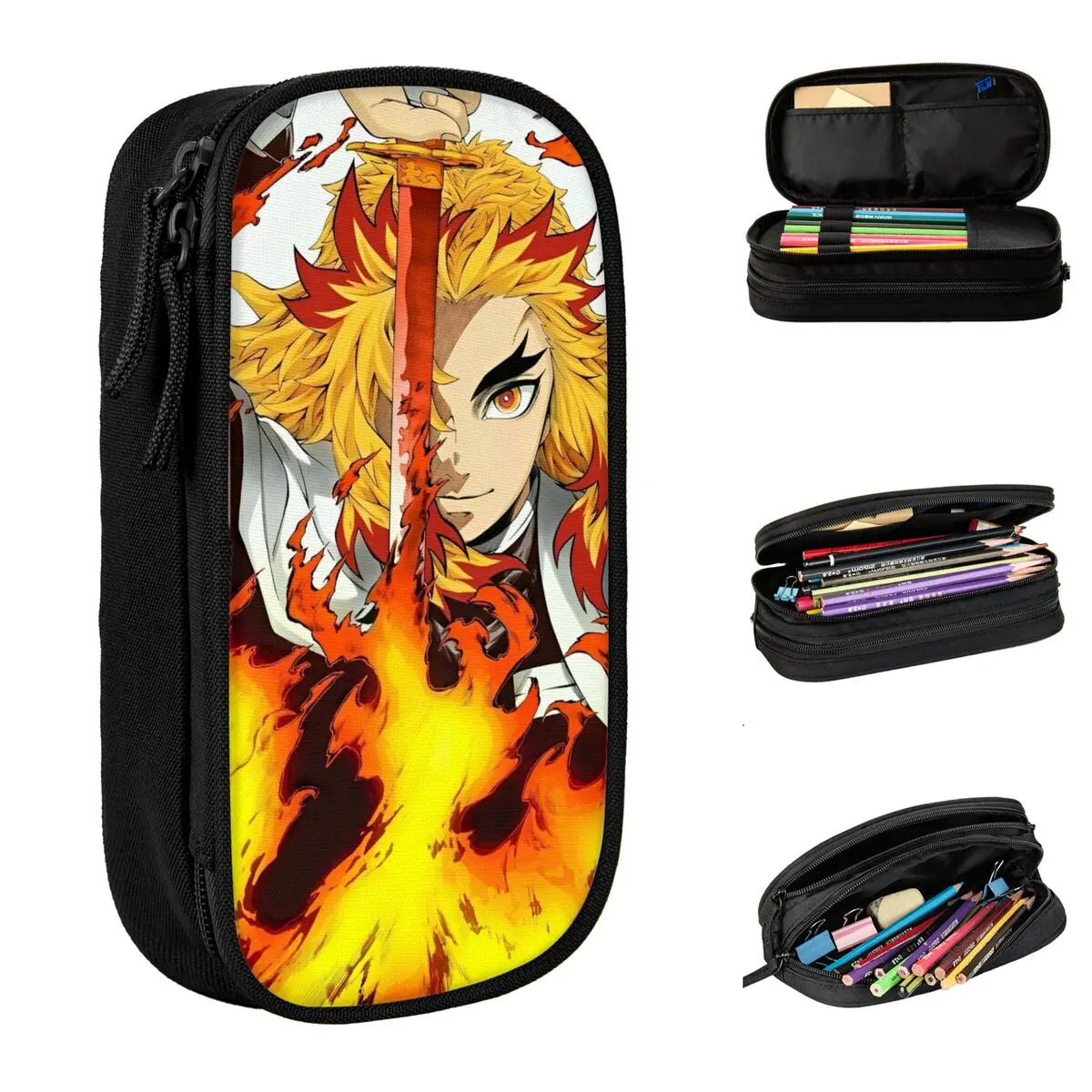 Flame Hashira Kyojuro Rengoku Pencil Cases Anime Demon Slayer Pencilcases Pen for Student Bags School Supplies Zipper Stationery