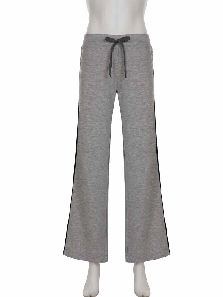 BKQU Harajuku Gray Loose Sweatpants Women 2025 Summer Low Rise Striped Casual Drawstring Wide Leg Pants Hip-hop Jogging Trousers