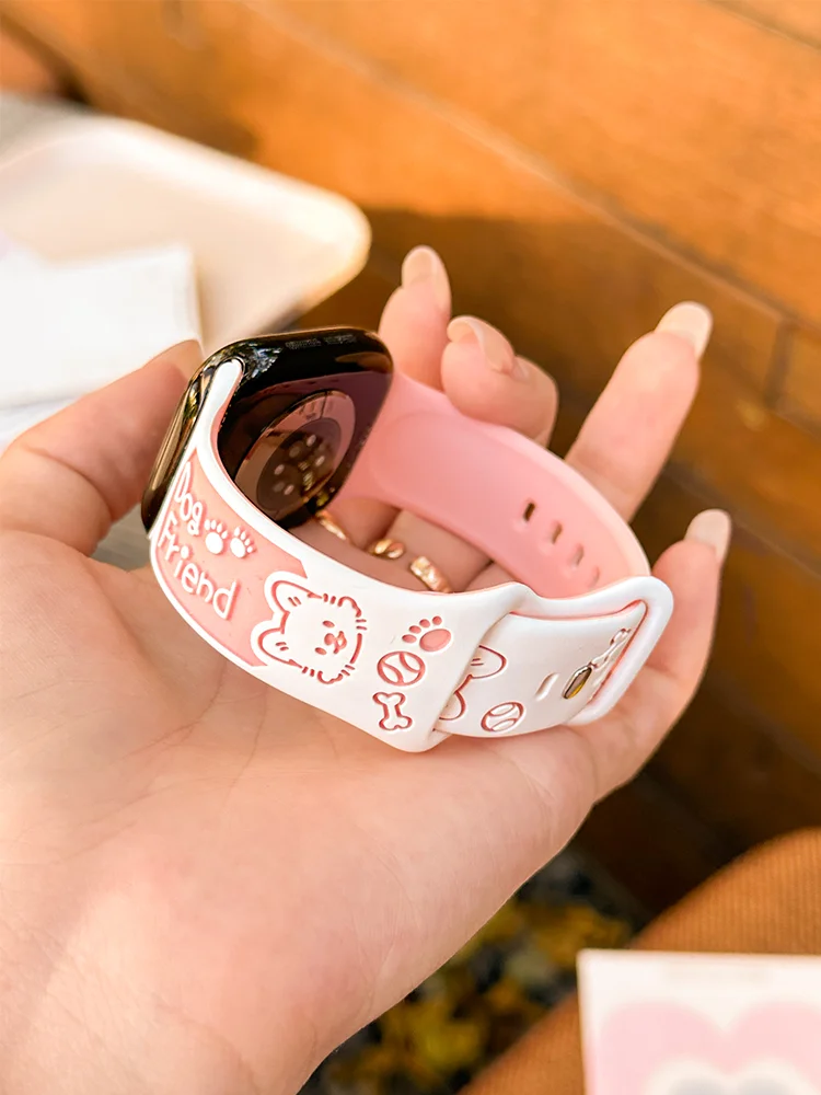Fashion Two Color Puppy Embossed Silicone Wrist Buckle Band For Apple Watch Ultra Series 9 8 7 SE Girls Adjustable Soft Strap