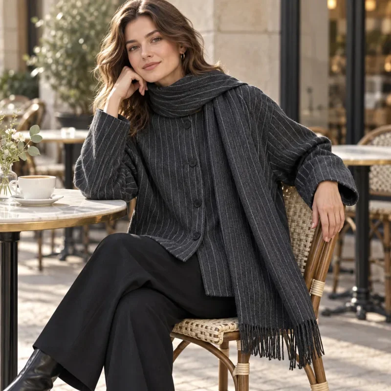 Women Striped Blazer Scarf Coat Autumn Long Sleeve Tassel Shawl Jacket Office Lady Commuter Elegant Outerwear Fashion