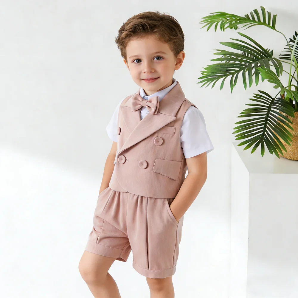 

Формальный костюм для малышей от 1 до 4 лет, розовый смокинг для маленьких мальчиков, жилет с галстуком-бабочкой и шорты, наряд для свадьбы, дня рождения, крещения