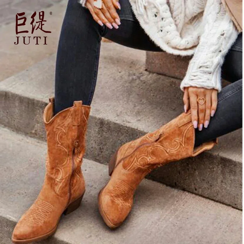 Plus size western cowboy boots square with women's mid-calf riding boots