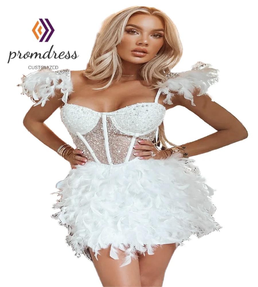 

Роскошное вечернее платье с белыми перьями, мини-короткое сексуальное платье для выпускного вечера с пайетками, 2026, шикарное вечернее платье для торжественного вечера, коктейльное платье