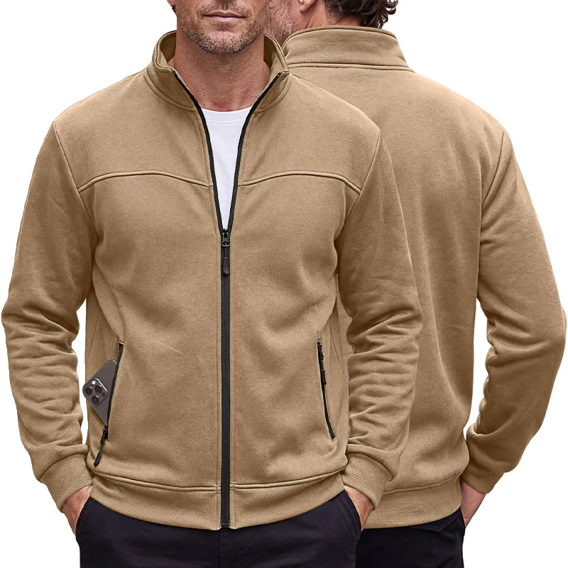 Four Seasons Men's Coat with Stand-Up Collar, Long Sleeves, Side Pockets, Loose Fit, for Outdoor Sports and Casual Wear