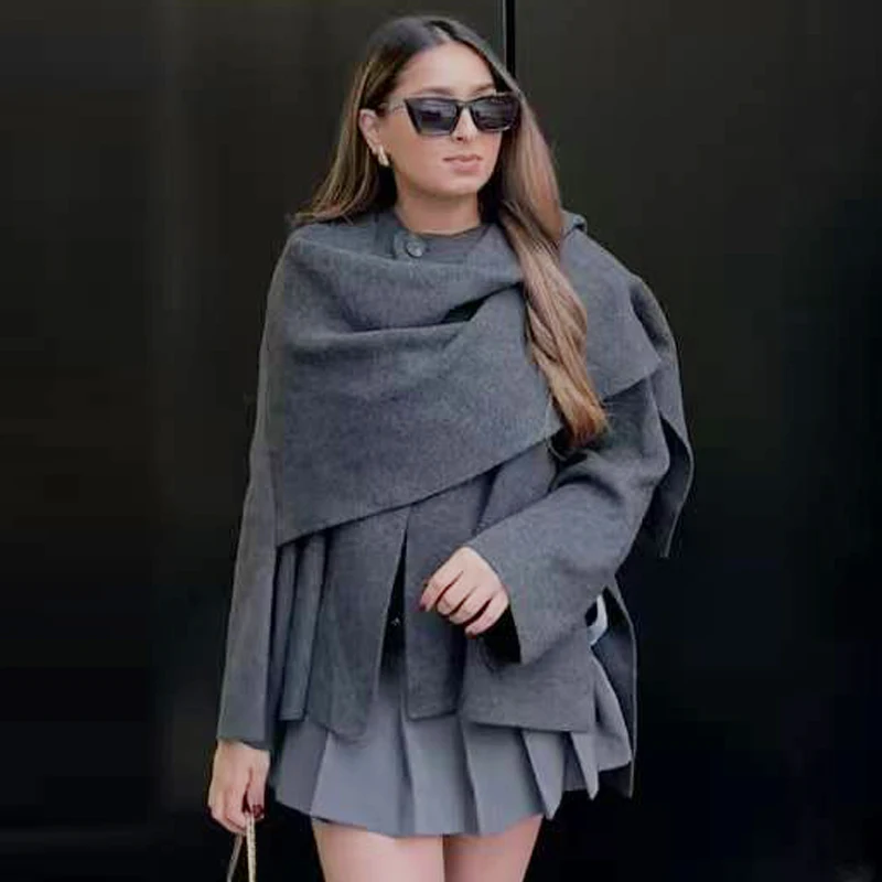 HXAO Knit Cape Coat Women's Jacket New In Coats & Jackets Cloak Cut Out Long Sleeve Cardigan Asymmetric Scarf Cropped Outerwears