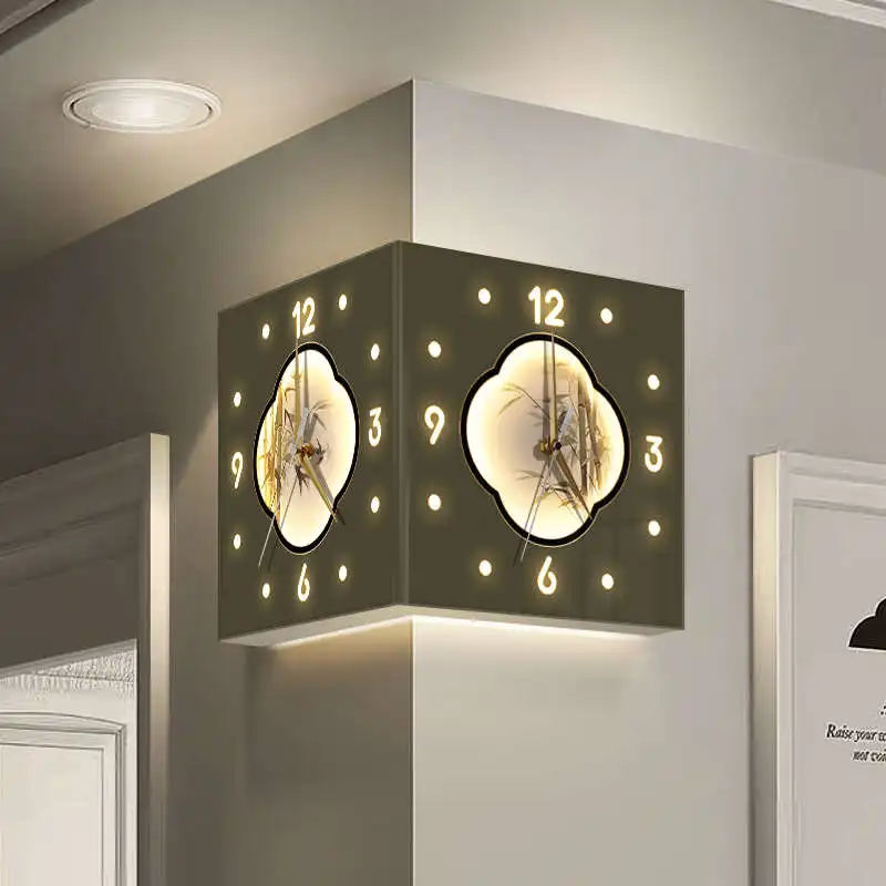 ไม้ไผ่ปลอดภัยห้องนั่งเล่นมุมนาฬิกาแขวนสองด้าน Creative NO punching ง่ายนาฬิกาไม้ไผ่นาฬิกาแขวนโคมไฟติดผนังภาพวาด