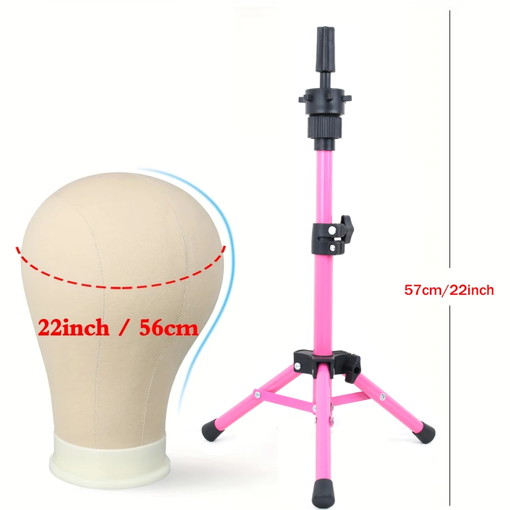 Pink Mini Wig Stand Adjustable Tripod Stand Holder with Mannequin Head Tripod Hairdressing Training Head Stand for Wig Making