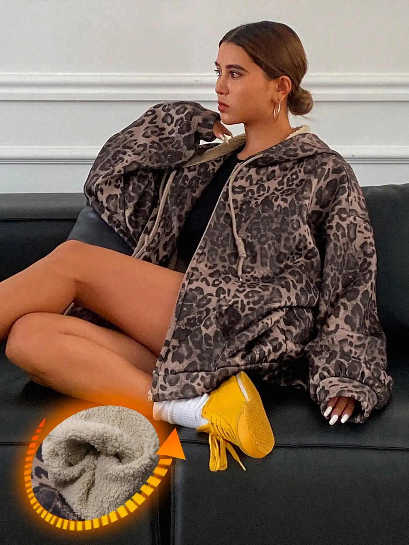 

Женская флисовая куртка с капюшоном и леопардовым принтом, свободного кроя, на молнии, зимнее пальто с подкладкой из шерпы