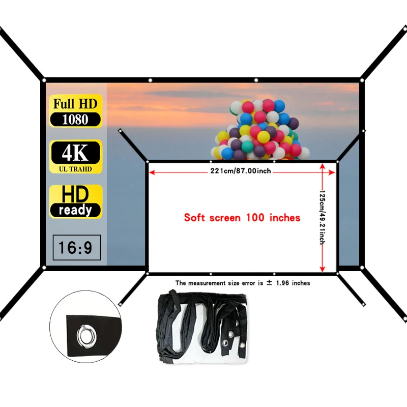 100 inch foldable screen. Hanging hole extension. More convenient to hang the curtain. Foldable and ironable. portable