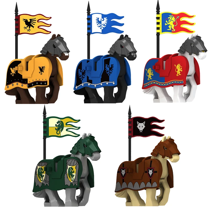 Blocs de construction de chevalier Dragon vert château médiéval, accessoire de figurine, gilet de bouclier, Cape de cheval de guerre, drapeau Orc, jouet loup, cadeau D123