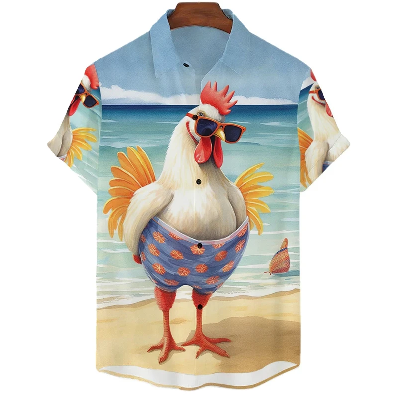 Funny Chicken Graphic Shirts For Men Clothes Cute Cartoon Hawaiian Short Sleeve Fashion Animal 3D Print Blouses Y2k Beach Shirts