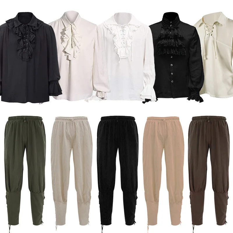 

Medieval Men's Retro Performance Clothes Western Sle Pirate Pants Cosplay Costumes Tourist Attire Pure Color Cotton Gowns