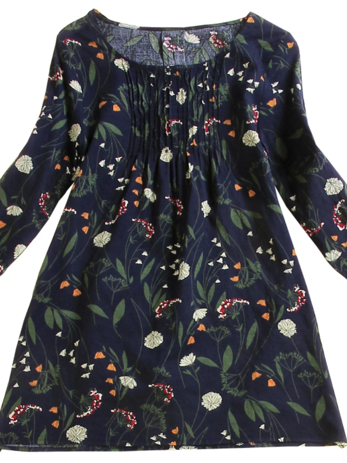 

Summer 2024 Women's Loose Slimming Midi Cotton Linen irt Floral Print 7/8 Sve A-Line Doll Top Sweet Sle Straight Cut