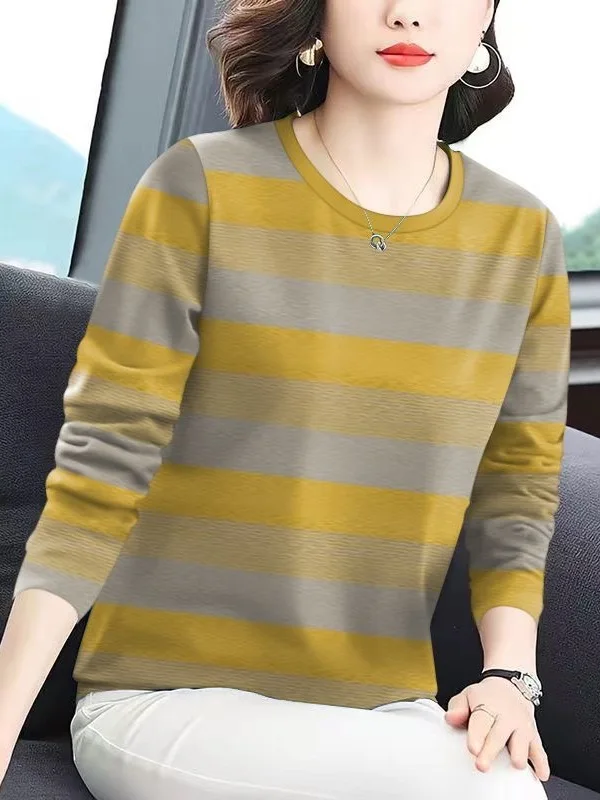 

Casual Stripe Long Sleeve T-Shirt Women's Maternity Style Ageless Belly Covering Slimming Top Travel Outfit Loose Fit Polyest...