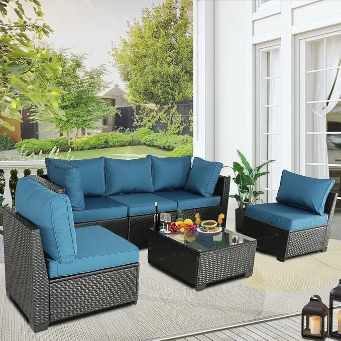 Outdoor Patio Furniture Set 6PCS Wicker Sofa Chairs Conversation Set w/ Cushions for Outdoor Backyard Lawn Garden Porch Poolside