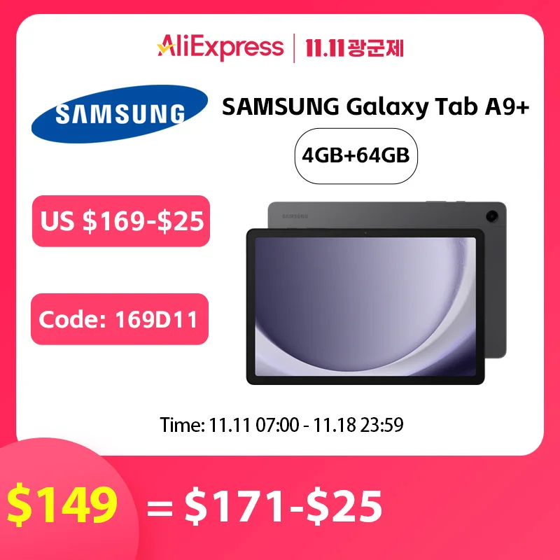 SAMSUNG-Tableta Galaxy Tab A9 +, Tablet Android de 11 pulgadas, 4 + 64GB, 2,2 GHz, cuatro altavoces de 1,8 GHZ, delgada, ligera, diseño duradero, color negro o gris