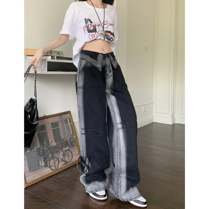 Zwarte Damesjeans Gradiënt Streetwear Vintage Fashion Y 2K Hoge Taille Wijde Spijkerbroek Dames Hiphop Baggy Denim Broek