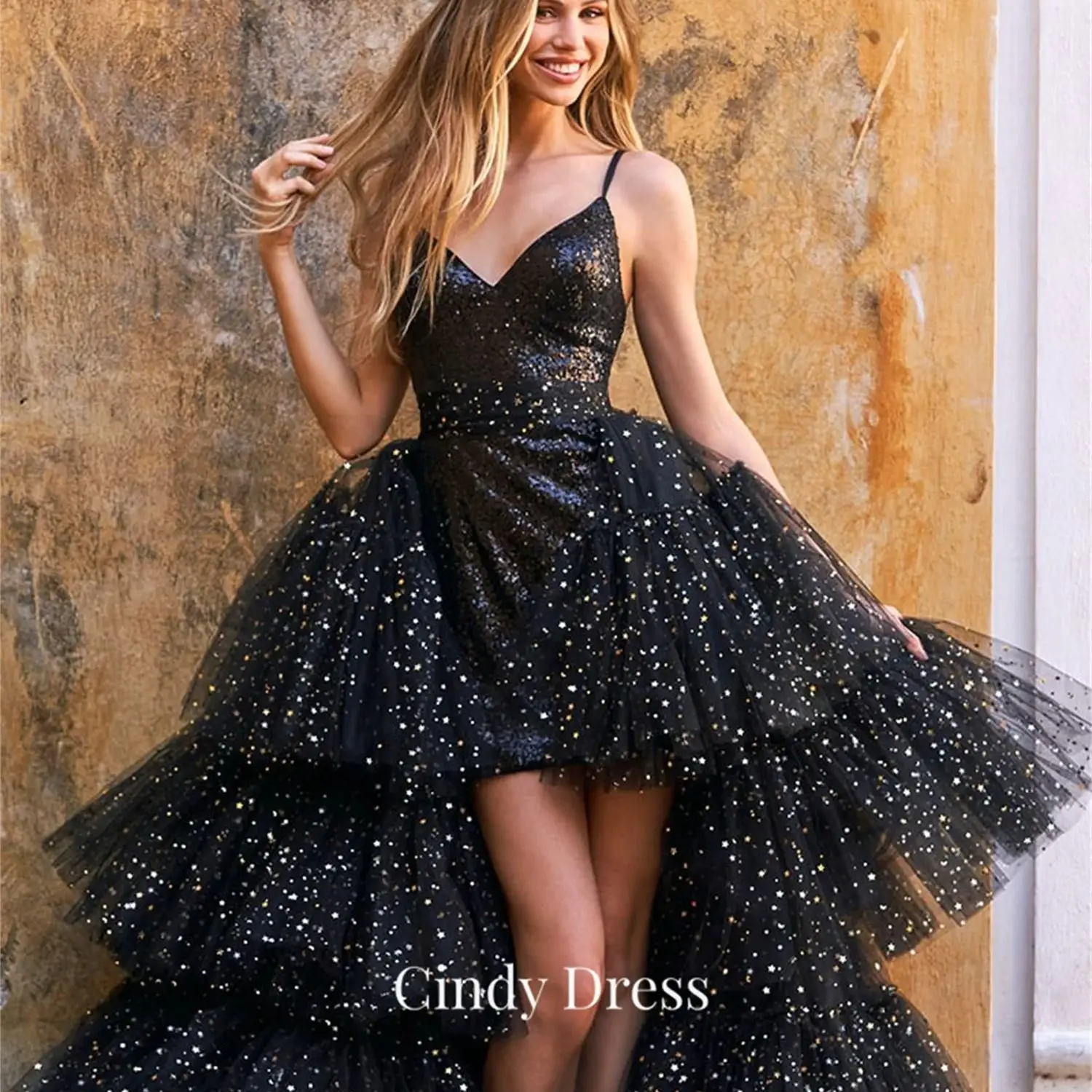 Cindy Sequins Multi-layer Black Evening Dresses for Formal Occasions Robe Soiree De Luxe 2024 Wedding Guest Dress Women Prom