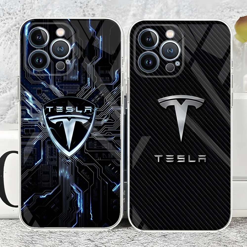 T-Teslaes Car Logo For iPhone 15 14 12 13 11 Pro Max Mini X XR Wedding Gifts XS 7 8 Plus hot transparent cover