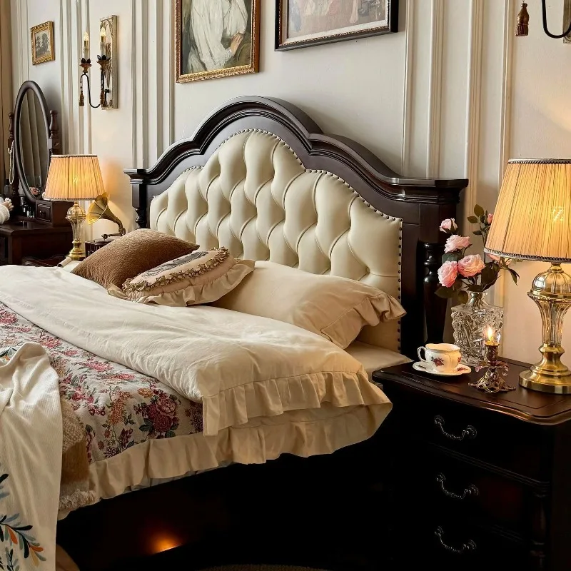 French retro solid wood bed, walnut master bedroom home modern simple bed
