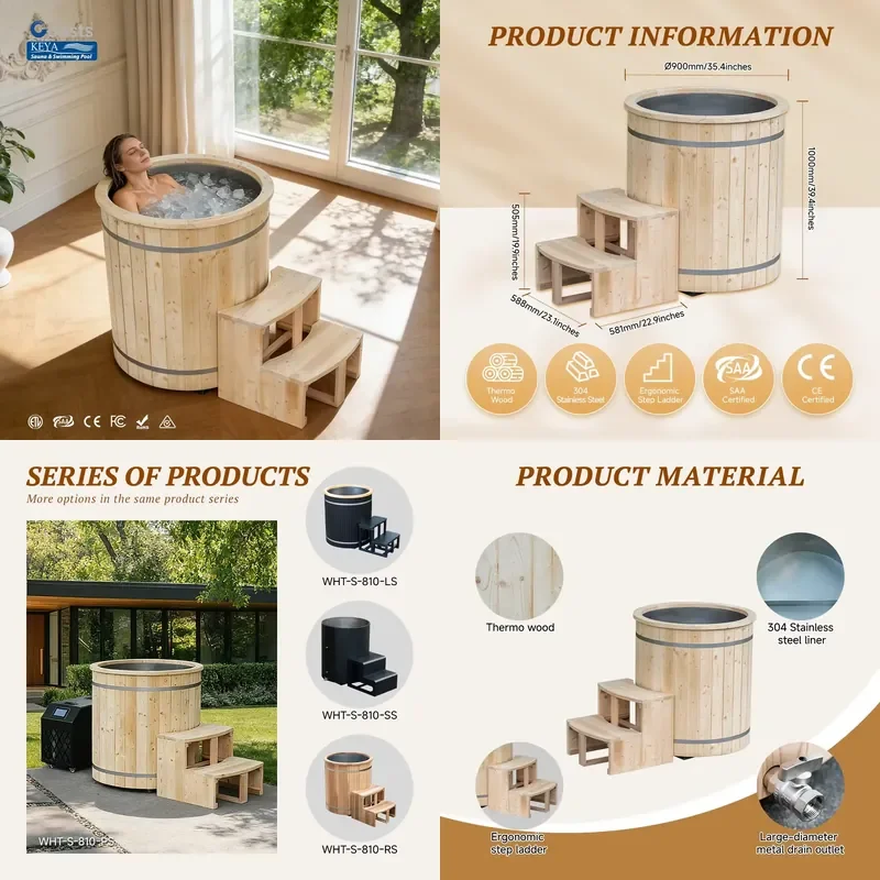 

【CHIMU HOME】 Round Wooden Ice Plunge Tub for Home Cold Therapy and Recovery