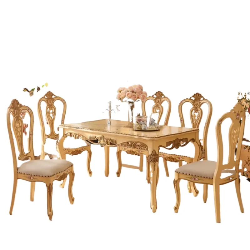 Luxury classic mahogany antique dining table set yellow and gold flower pattern hand-painted environmentally friendly s