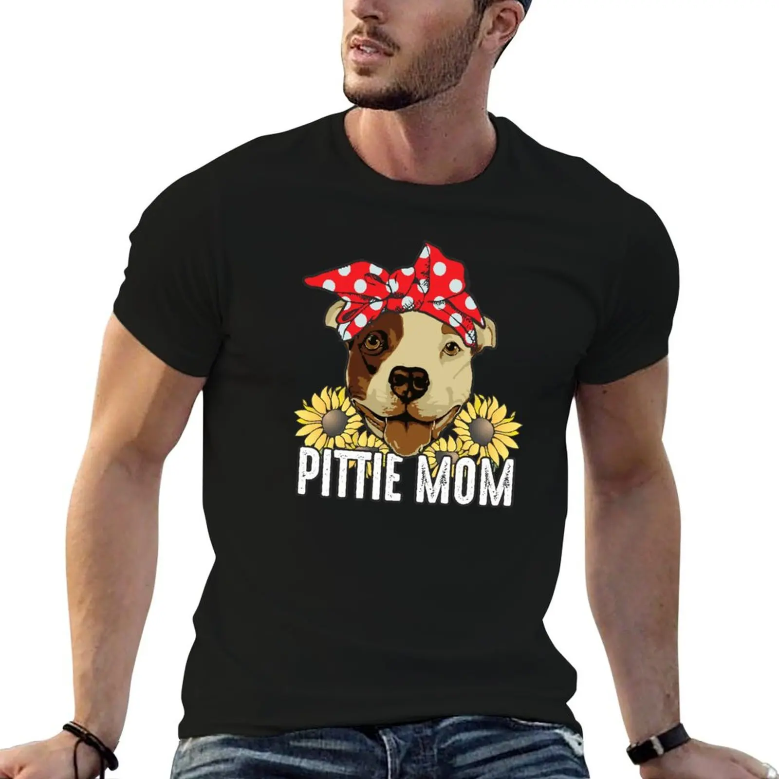 Pittie Mom Sunflower Red Bandana PitBull Lover Gifts Camiseta engraçada de algodão para homem, camiseta slim fit