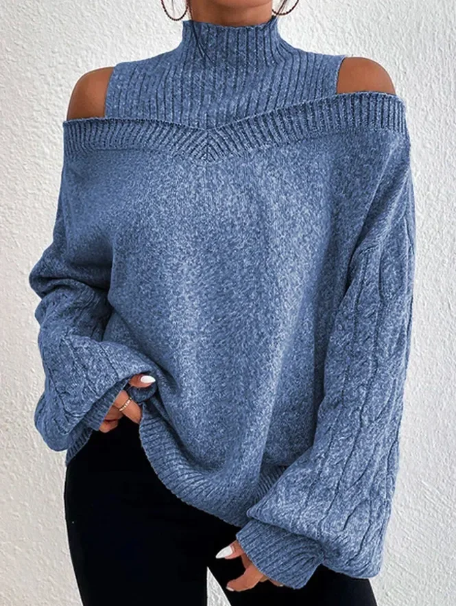 Off-the-shoulder High Neck Sweater for Women Autumn and Winter Loose Knitted Pullovers Bottoming Shirt Pullover Solid Sweater