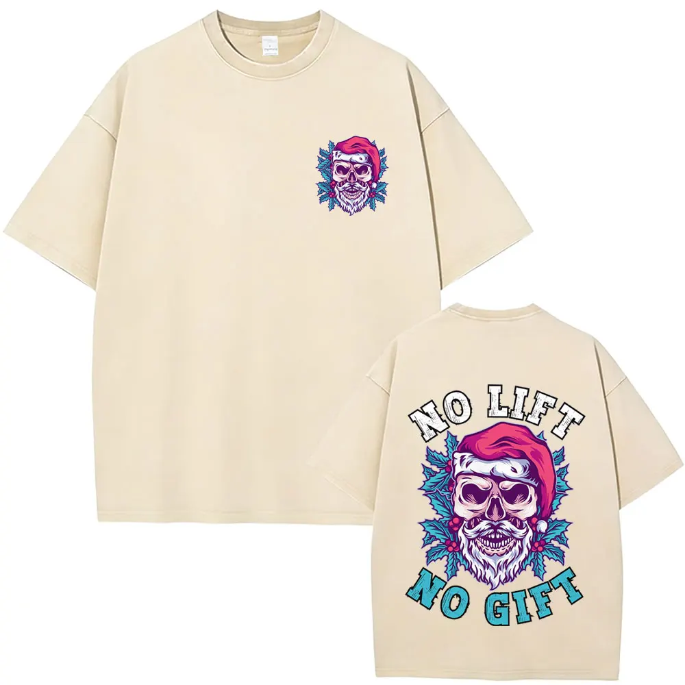 

No Lift No Gift Christmas Skeleton Vintage Washed T-shirt Men Women Gym Fitness Oversize T Shirt Male Casual Cotton Short Sleeve