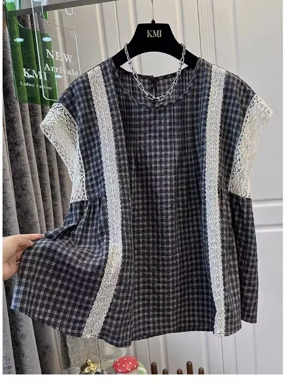 

Летняя кружевная клетка ort Sve Loose Women's irt Beautiful Sli Commute Sle Straight Cut Regular Thin round Ne