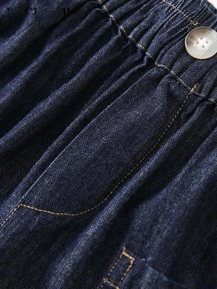 La Chapelle レトロ k ブルー レディース ストレートレッグ ジーンズ オルトス ハイウエスト エラスティックウエスト ケット パンツ カジュアル サマー ファイオン