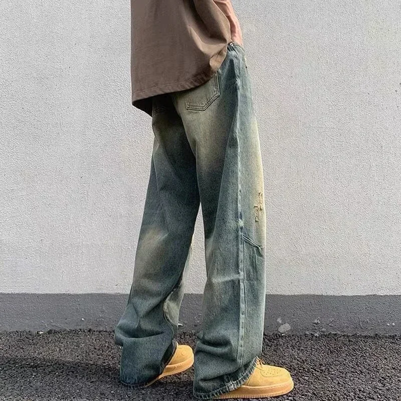 

Men Floor Length Pant Jeans Denim Wide Leg Pants Loose Casual Pocket Straight Trousers High Waist Splice Autumn Winter 2024