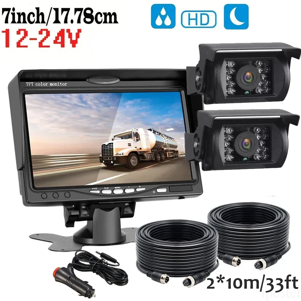 Dual Camera 7'' Backup Camera and Monitor Kit System Back Parking Night Vision For Truck RV